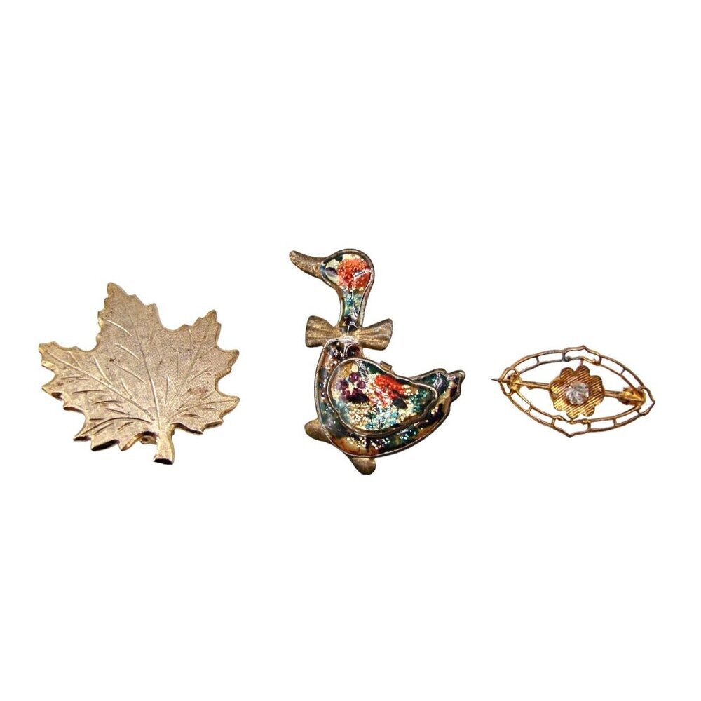 Lot 3 Brooch Pins Leaf Enameled Duck Oval Filigree Rhinestone Vintage Hat Lapel